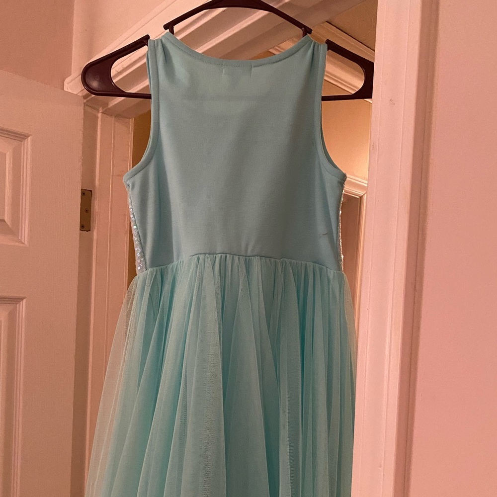 Girls teal green sleeves dress. Shear bottom. Comes to calves.